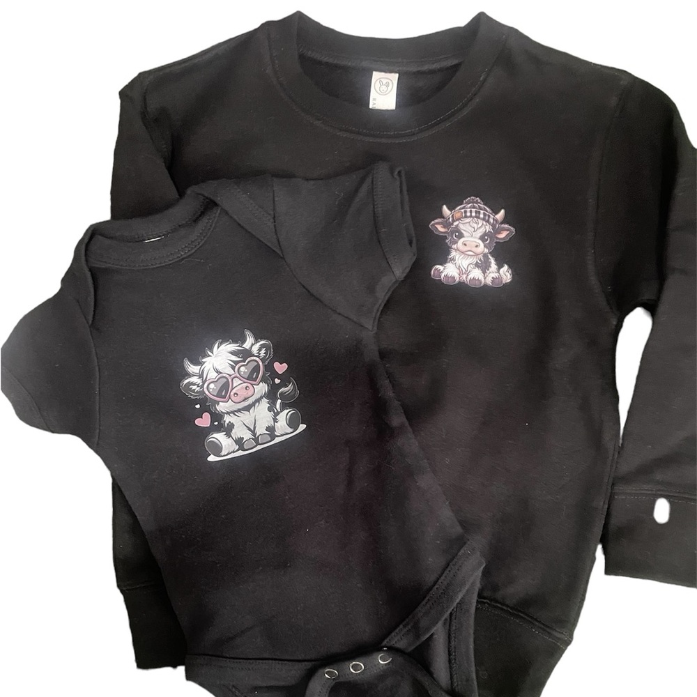Custom black long sleeve sweatshirt sz 4 and matching black s/s onesie sz 0-3 m